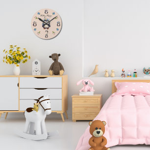 Cute Penguins Pink Name and Initials Round Clock