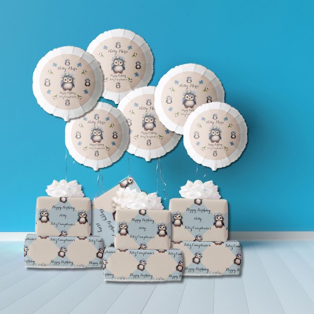 Cute Penguins Pink Name Bilingual Feliz Cumpleaños Balloon (Cute Penguins Helium balloons, Bilingual & personalized, Multilingual Project)