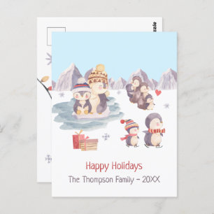 Cute Penguins Playing in Snow Happy Holidays Postcard