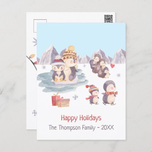 Cute Penguins Playing in Snow Happy Holidays Postcard