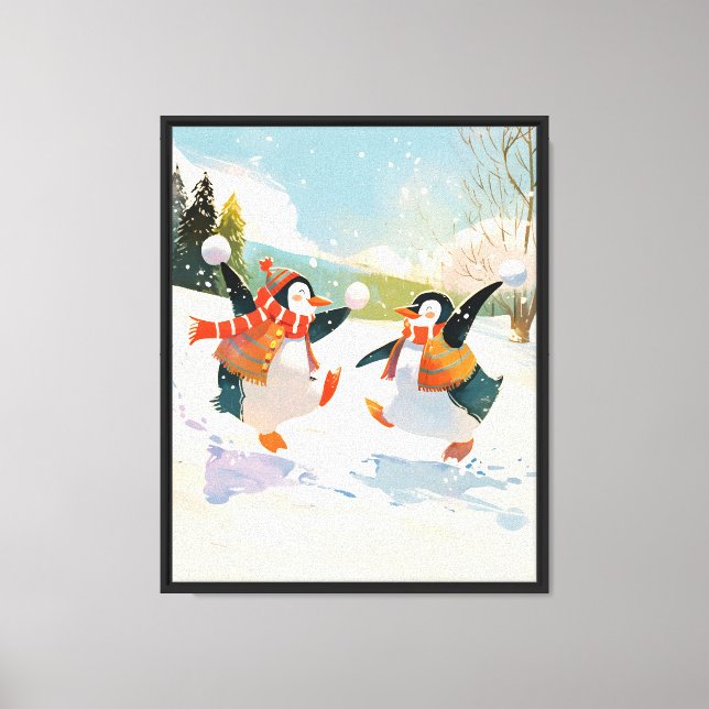 Cute Penguins Playing in Snow Watercolor Nursery Canvas Print (Front)
