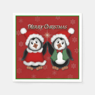 Cute Penguins Red Merry Christmas Napkins