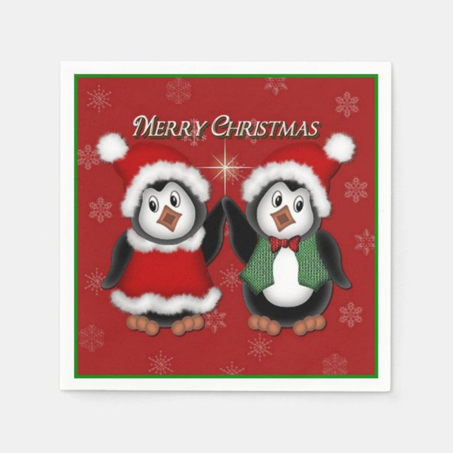 Cute Penguins Red Merry Christmas Napkins (Front)