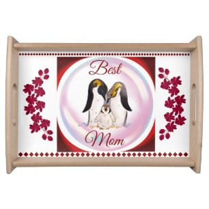 Cute Penguins Red & White Floral Watercolor Birds Serving Tray