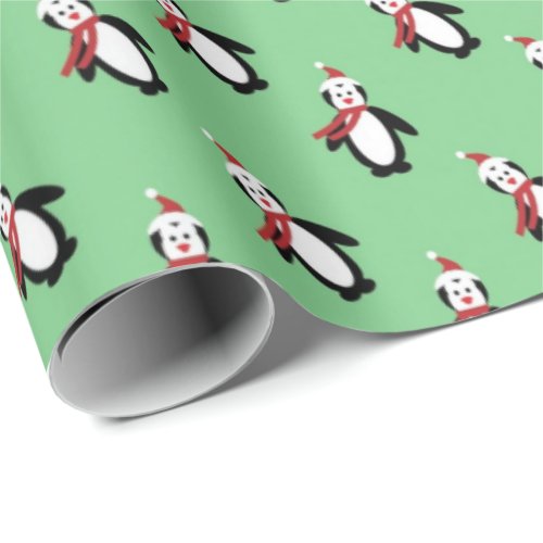 Cute Penguins Santa Hat Light Green Christmas Wrapping Paper