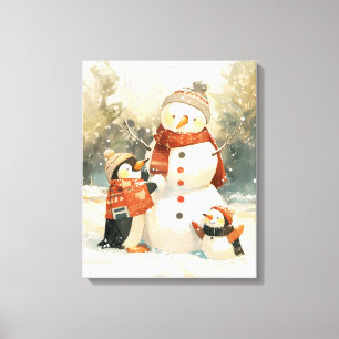 Cute Penguins & Snowman – Cozy Winter Watercolor Canvas Print