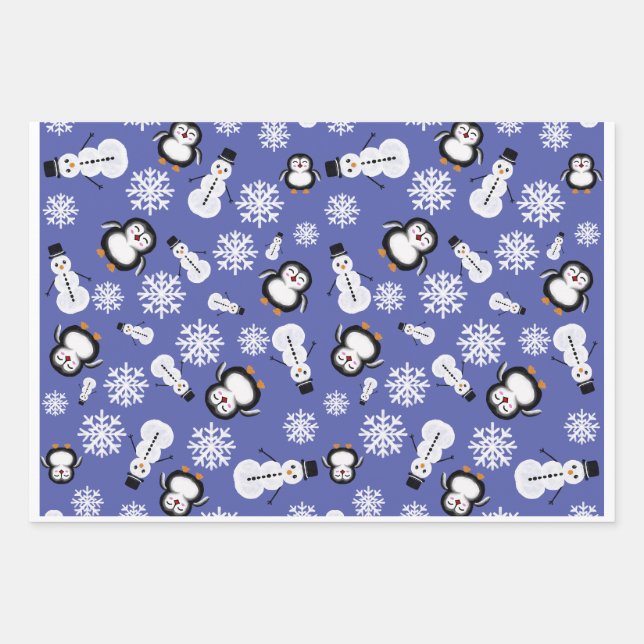 Cute Penguins & Snowmen Winter Pattern Wrapping  Paper Sheets (Front 3)