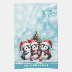 Cute Penguins Snowy Blue Personalized Christmas Kitchen Towel