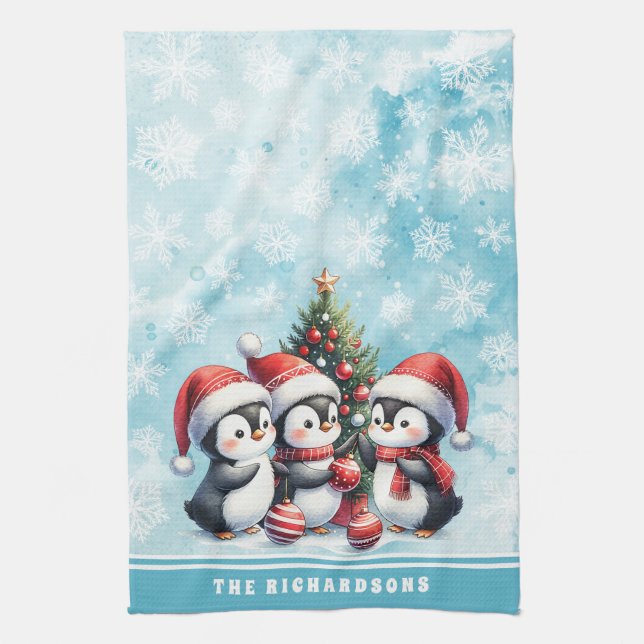 Cute Penguins Snowy Blue Personalized Christmas Kitchen Towel (Vertical)