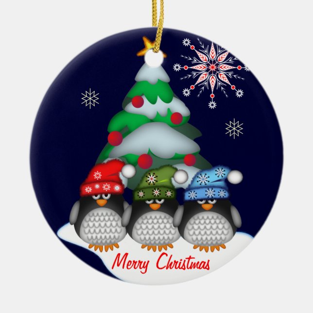 Cute Penguins, Tree and Custom Text ornament (Front)
