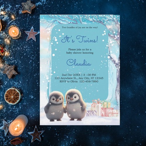 Cute Penguins Twins Winter Blue Baby Shower Invitation