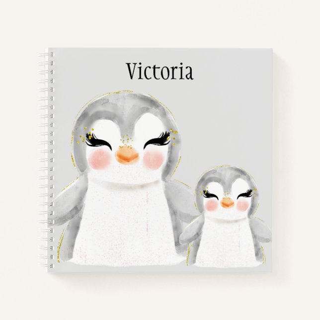 Cute Penguins Watercolor Name Sketch Notebook (Front)