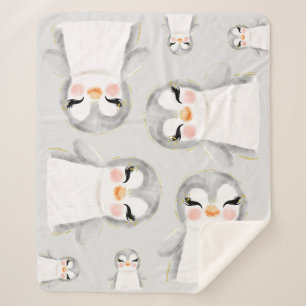 Cute Penguins Watercolor Sherpa Blanket