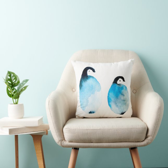 Cute Penguins watercolor Throw Pillow (Chair)