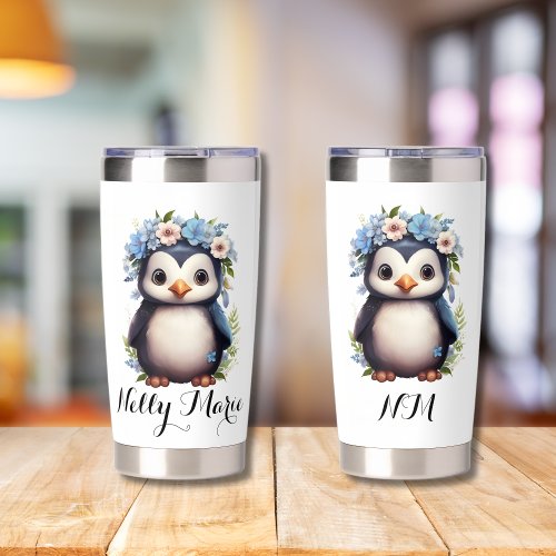 Cute Penguins White Custom Name  Initials Insulated Tumbler