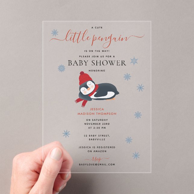 Cute Penguins Winter Baby Shower Acrylic Invitations (Insitu (Handheld))