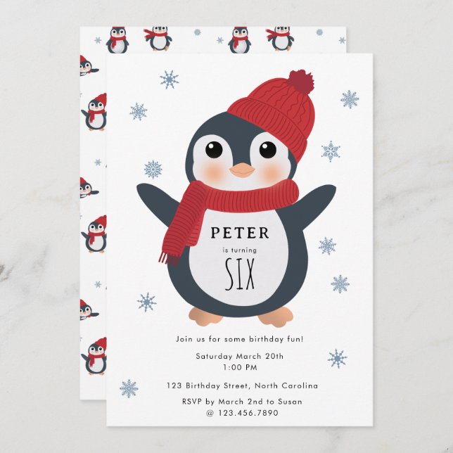 Cute Penguins Winter Birds Arctic Animals Birthday Invitation (Front/Back)