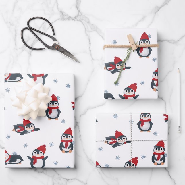 Cute Penguins Winter Birds Arctic Animals Wrapping Paper Sheets (Front)