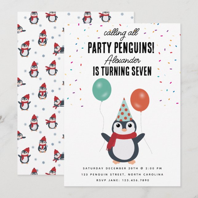 Cute Penguins Winter Birds Kids Birthday Party Invitation (Front/Back)