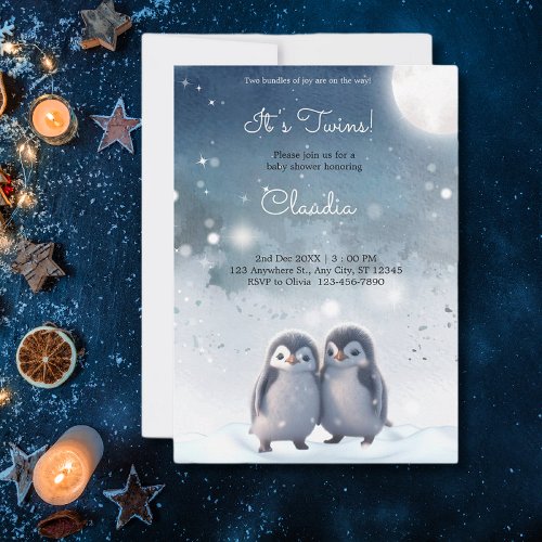 Cute Penguins Winter Blue Snow Twins Baby Shower Invitation