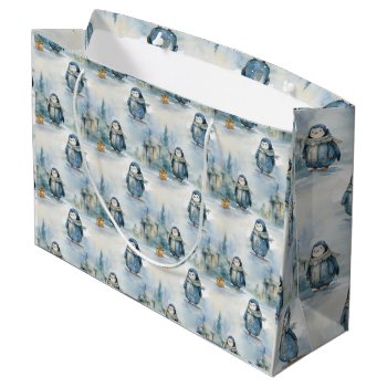 Cute Penguins Winter Design  Painted-like Theme Large Gift Bag by RossiCards at Zazzle
