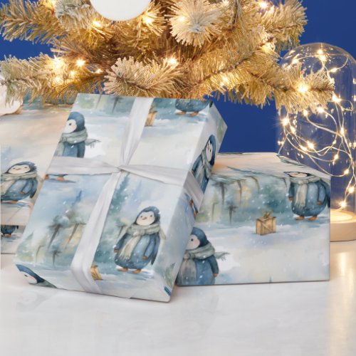 Cute penguins winter design painted like theme wrapping paper