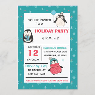 Cute Penguins Winter Holiday Christmas Party Invitation