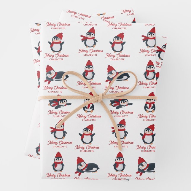 Cute Penguins Winter Merry Christmas Custom Name Wrapping Paper Sheets (In situ)