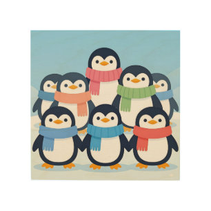 Cute Penguins Winter Scarves Group Hug Wood Wall Art