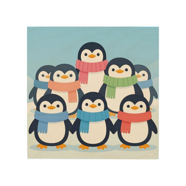 Cute Penguins Winter Scarves Group Hug Wood Wall Art (Front)