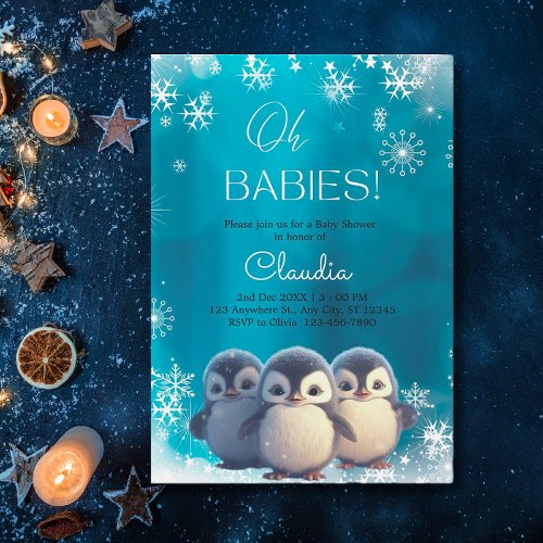 Cute Penguins Winter Snow Triplets Baby Shower Invitation