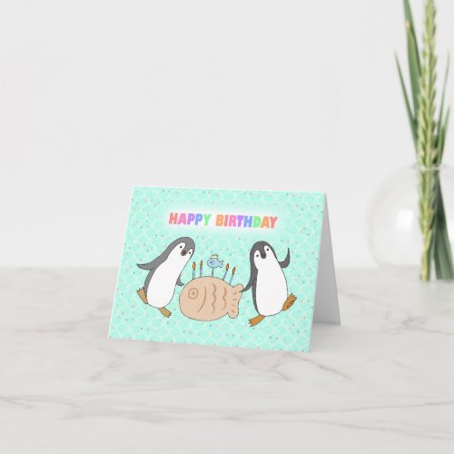 Cute Penguins with Fishcake Funny Penguin Birthday Card