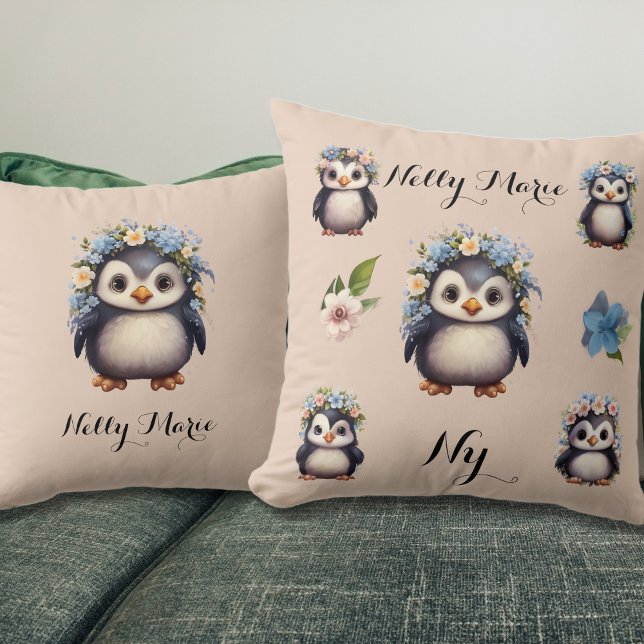 Cute Penguins with Flowers Name & Monogram Beige Throw Pillow (Cute Penguins Pillow with name and initials in a light pink background. Multilingual Project)