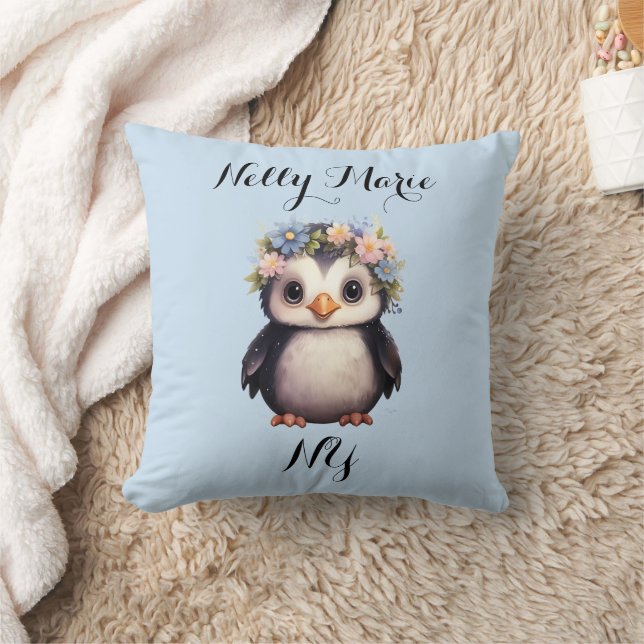 Cute Penguins with Flowers Name & Monogram Blue Throw Pillow (Blanket)