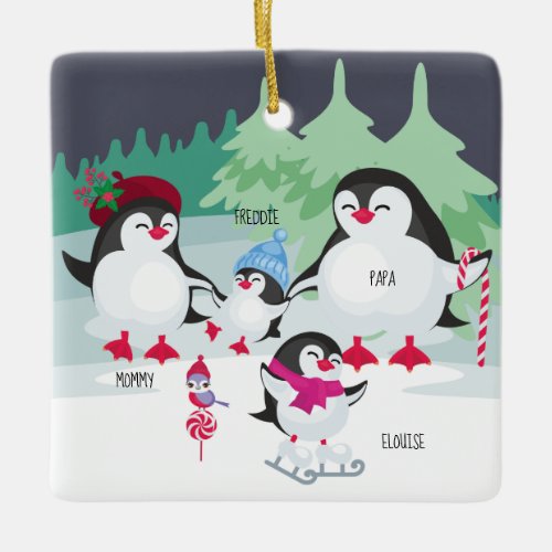 Cute Penguins with Names for Family of 4 Ceramic Ornament