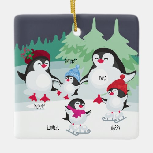 Cute Penguins with Names for Family of 5 Ceramic Ornament