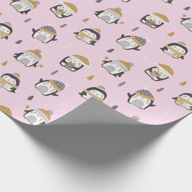 Cute Penguins with trees, snow and gifts on pink Wrapping Paper (Corner)