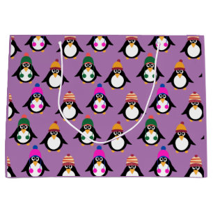 Cute penguins with winter hats pattern large gift bag
