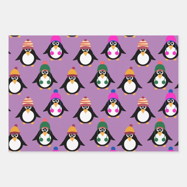 Cute penguins with winter hats wrapping paper sheets (Front)
