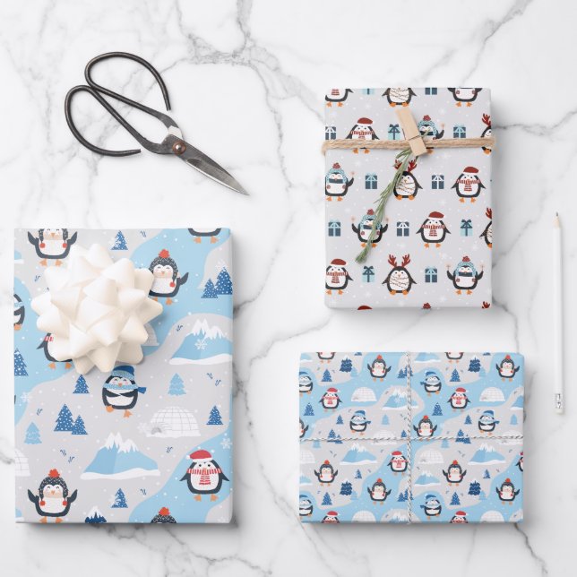 Cute Penguins Wrapping Paper Sheets (Front)