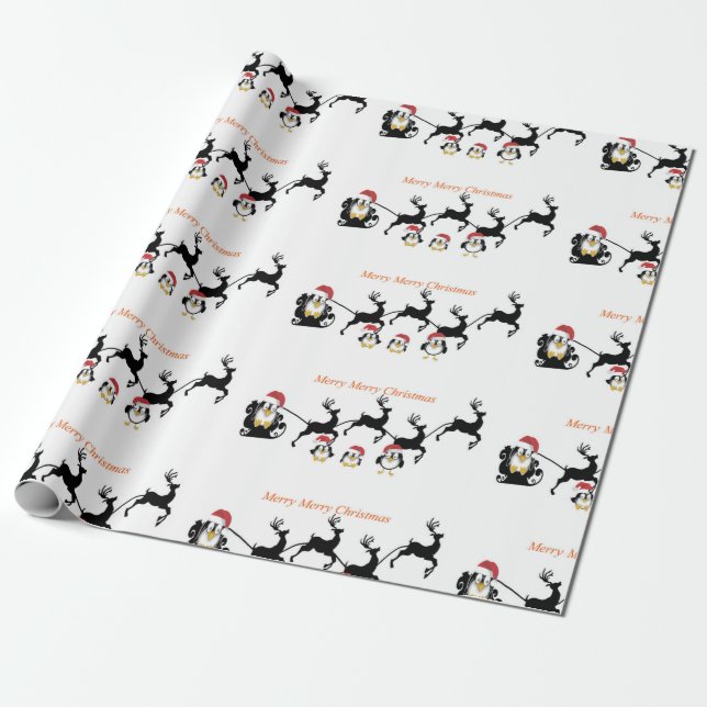 Cute Penquin Cartoon,Sleigh Deer Wrapping Paper (Unrolled)