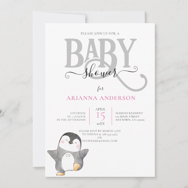 CUTE PENQUIN GENDER NEUTRAL BABY SHOWER INVITATION (Front)