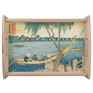 Cute people travelling in boat serving tray