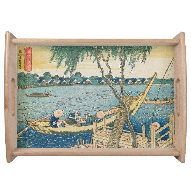 Cute people travelling in boat serving tray (Front)