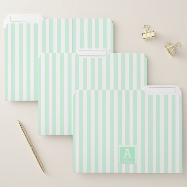 Cute Peppermint Green Stripes Monogrammed Initials File Folder (Set)