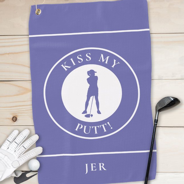 Cute Periwinkle Womens Kiss My Putt  Golf Towel (Kiss My Putt Funny Golfer Silhouette Periwinkle Blue Custom Initials Ladies' Golf Towel)