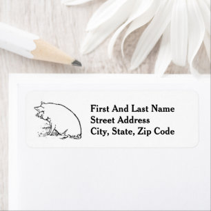 Cute Perky Pig Cartoon, Farm Animal Ink Sketch Label