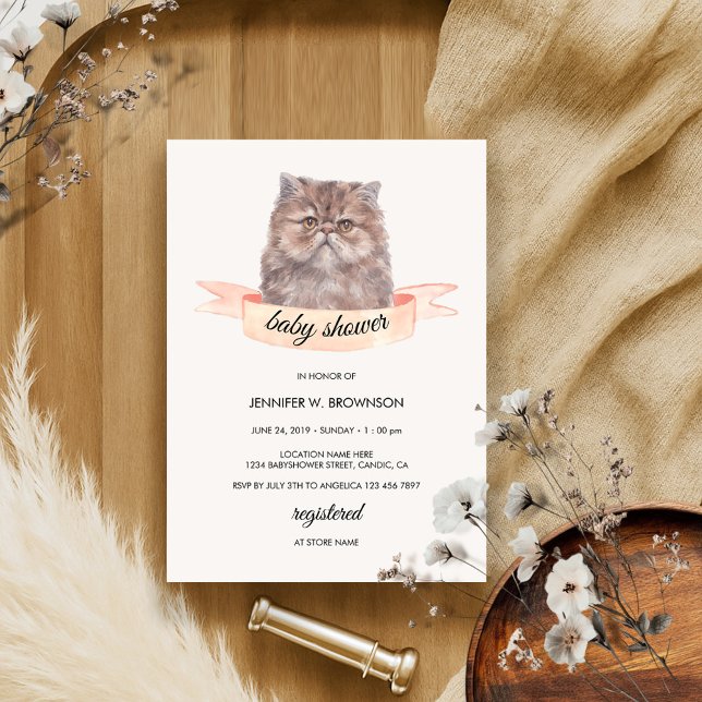 Cute Persian Cat Ribbon Baby Shower Invitation (Creator Uploaded)