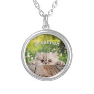 Cute Persian Peeking Cat Silver Plated Necklace