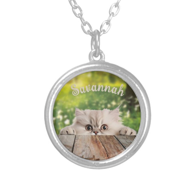 Cute Persian Peeking Cat Silver Plated Necklace (Front)